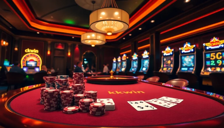 Engaged players enjoying a thrilling gambling experience at the kkwin casino table with vibrant poker chips and cards.