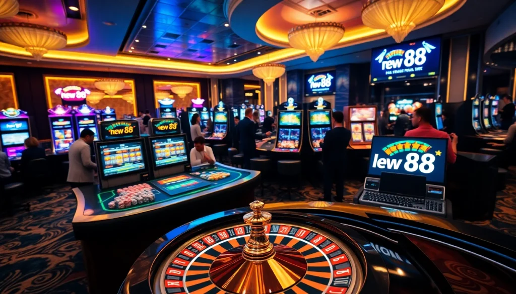 Players enjoying exciting games at new 88 casino with vibrant slot machines and poker tables.
