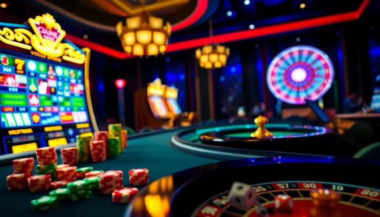 Exciting online casino gaming experience showcased at https://p9pg999.com/ with vibrant slot machines and elegant poker tables.