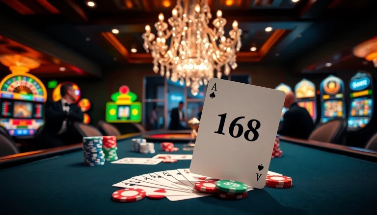 Players engaging in high-stakes poker at a C168-themed casino table surrounded by vibrant gaming elements.