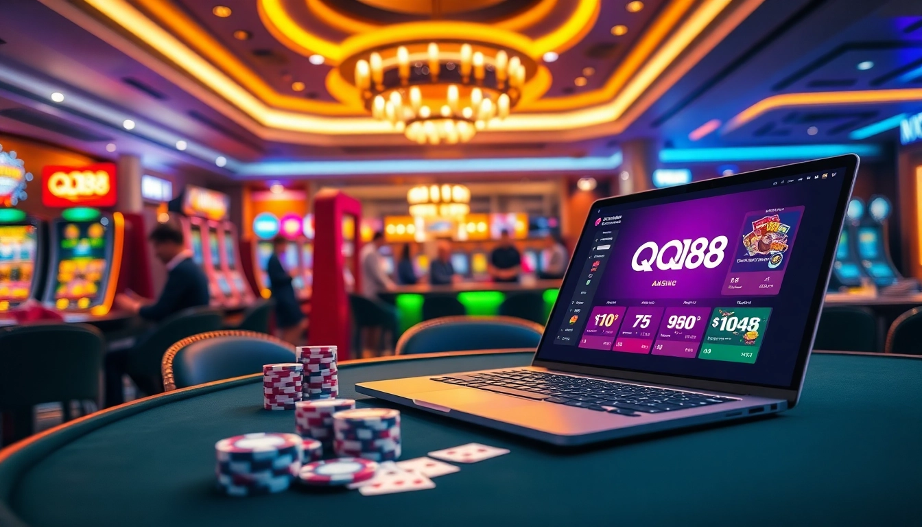 Join the excitement of QQ88 with vibrant casino visuals capturing online gambling thrills.