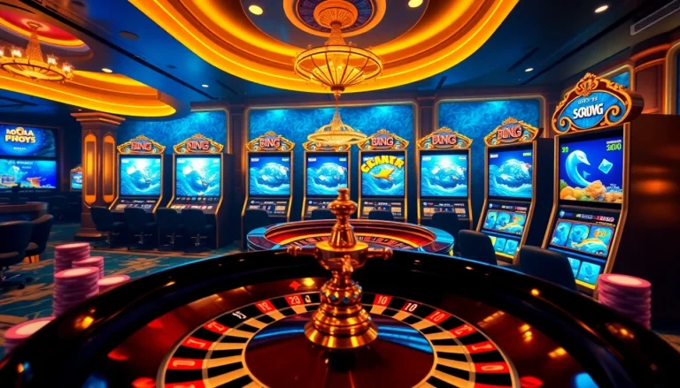 bắn cá đổi thưởng game scene with vibrant casino elements, poker chips, and illuminated slot machines.