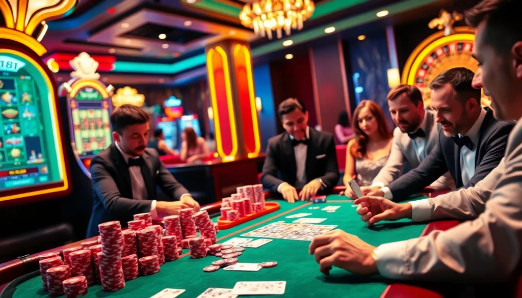 xx88 players strategically betting chips at a vibrant casino table, showcasing excitement and luxury.