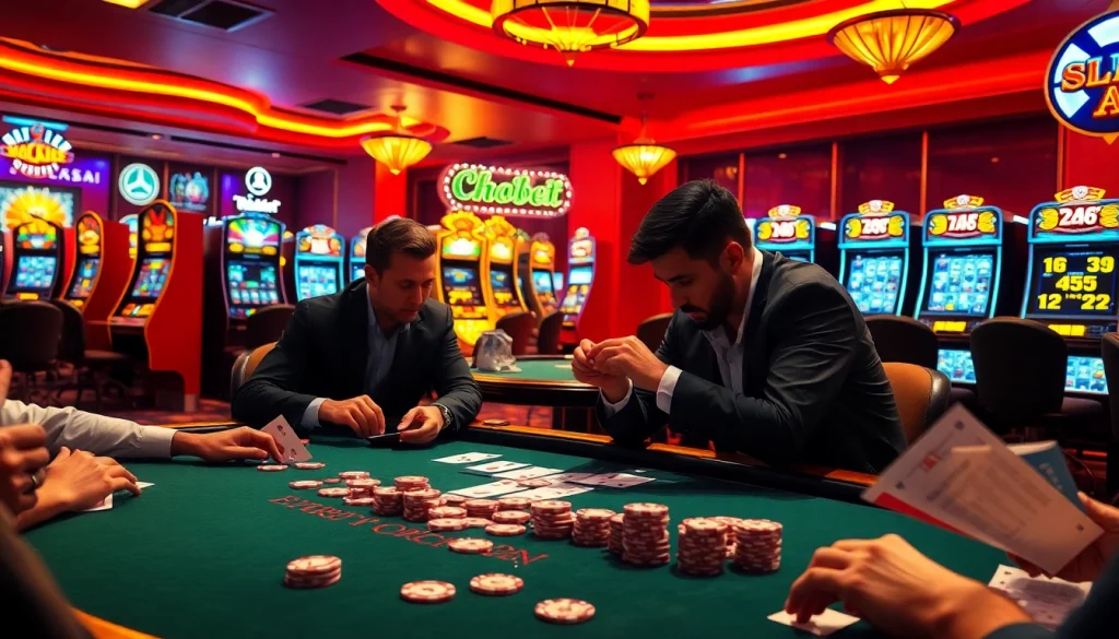 Trải nghiệm trận đấu đầy hồi hộp tại bàn poker với liên kết 12Bet giữa những máy đánh bạc rực rỡ.