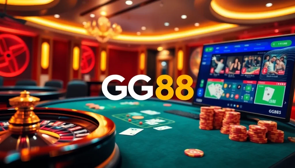 GG88 online casino interface with poker chips and cards in a luxurious setting.