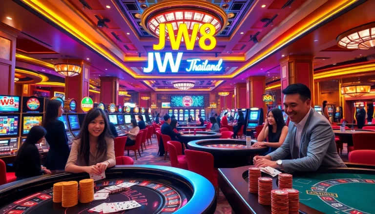 Players enjoying a vibrant gaming experience at JW8 Thailand casino with lively slot machines and poker tables.