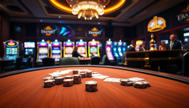 KJC casino scene showcasing high-stakes poker table, vibrant slot machines, and ambient lighting.