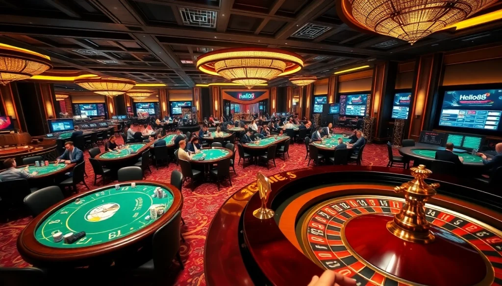Engaging gamblers at Hello88 with a vibrant casino scene demonstrating thrilling table games.