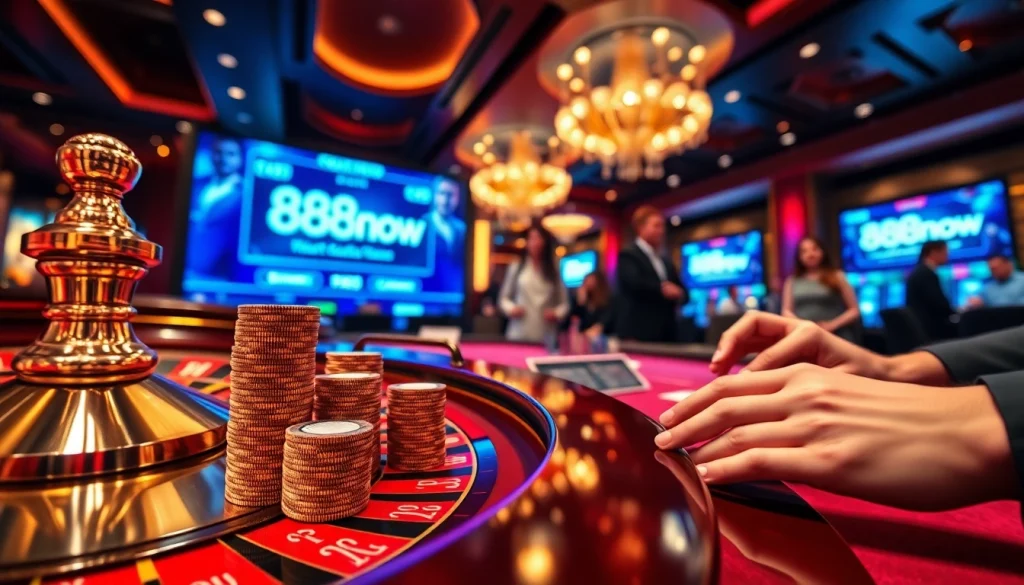 Experience the thrill of gambling with 888now at a vibrant casino table with poker chips.