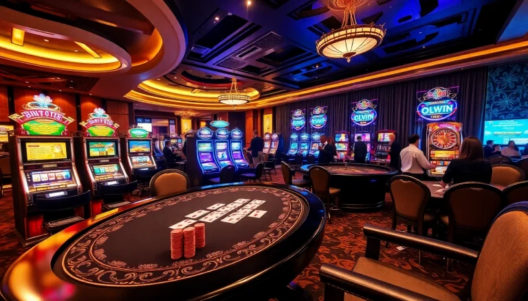 Experience the thrill of Okwin with an elegant casino scene filled with poker tables and slot machines.