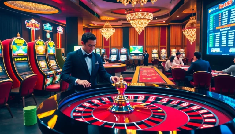 Experience the thrill of bet88 with a luxurious casino scene featuring roulette, poker, and vibrant slot machines.