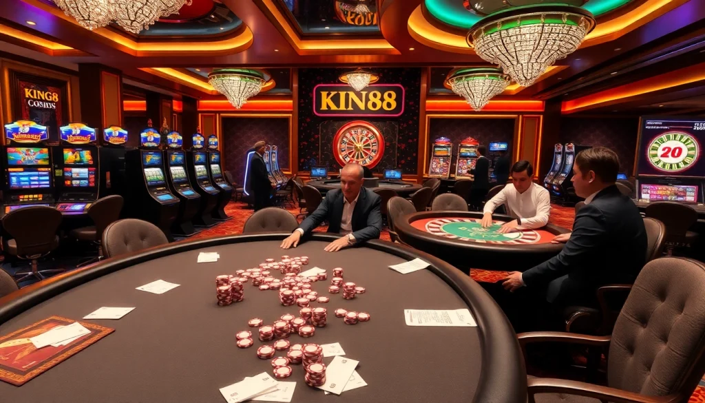 Engaging players enjoying the luxury of KING88 casino games with vibrant tables and slot machines.