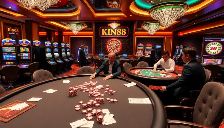 Engaging players enjoying the luxury of KING88 casino games with vibrant tables and slot machines.