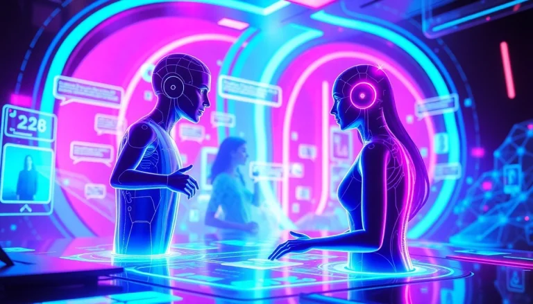 Dynamic digital scene showcasing free sex AI interactions with holographic avatars and vibrant colors.