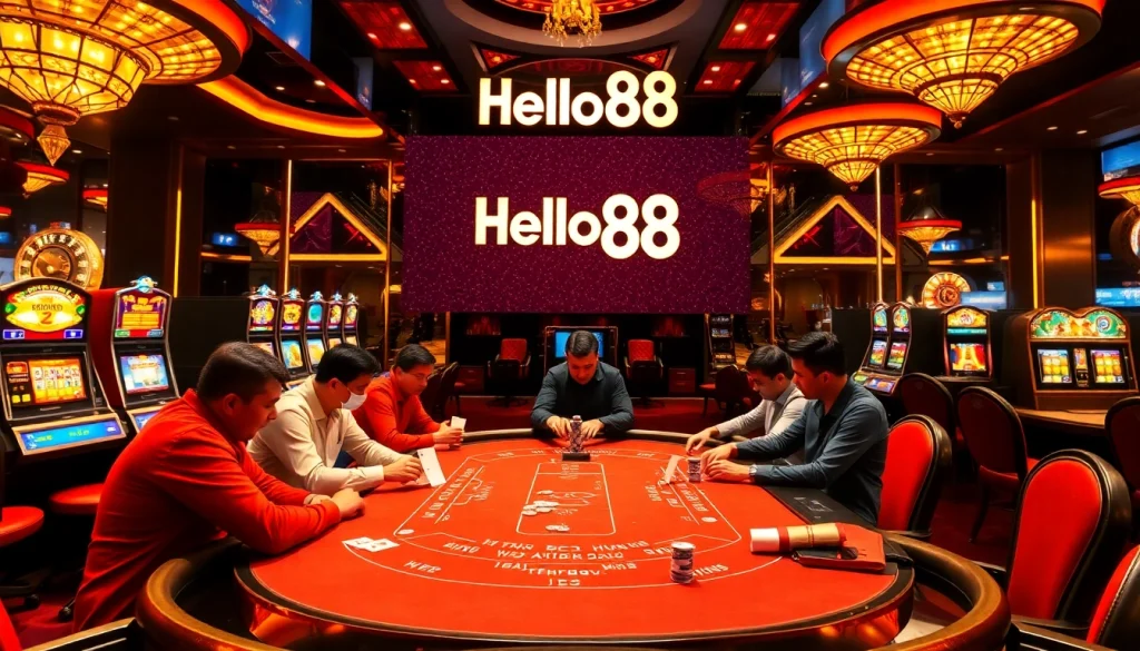 Players at the Hello88 casino engage in intense poker, showcasing excitement and strategy.