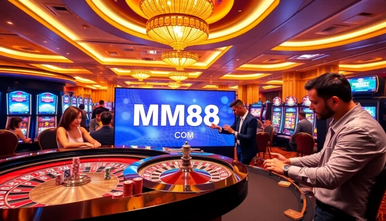 Exciting gambling scene at MM88 COM with roulette, poker chips, and slot machines.
