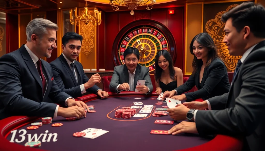 Exciting poker game at 13win, showcasing luxury, professional players, and vibrant poker chips.