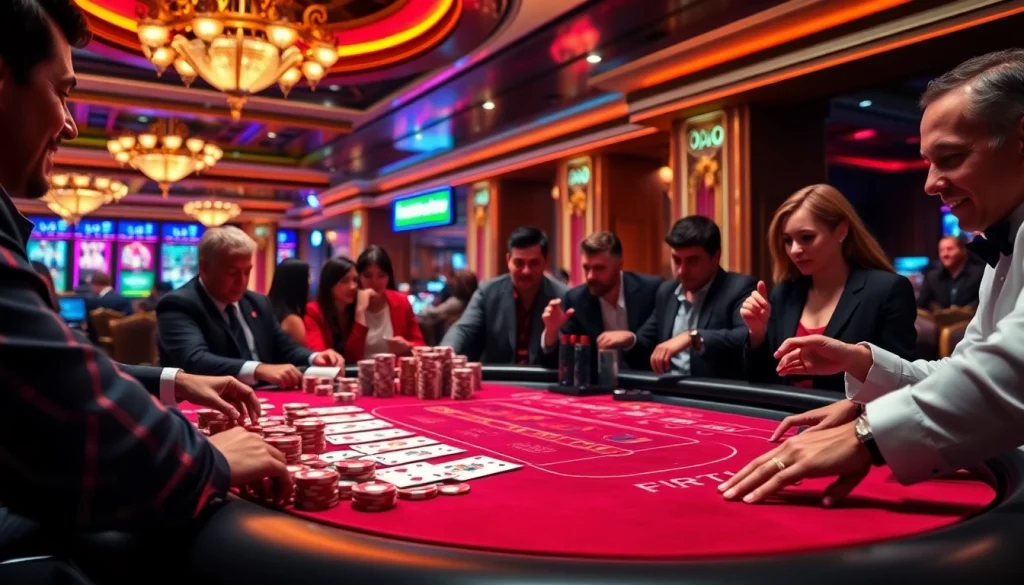 Players engaged at a casino table showcasing excitement and luxury, highlighting 888top strategies.