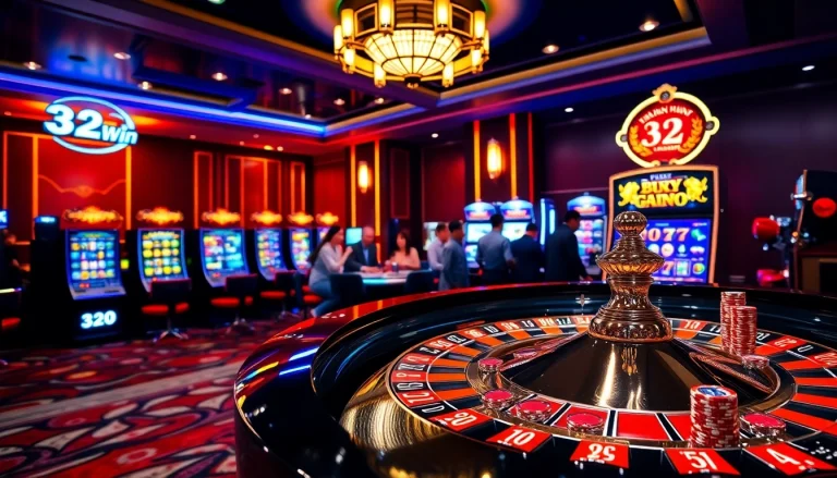 A thrilling scene showcasing 32win trang chủ with an engaging roulette table and excited players in a luxurious casino setting.