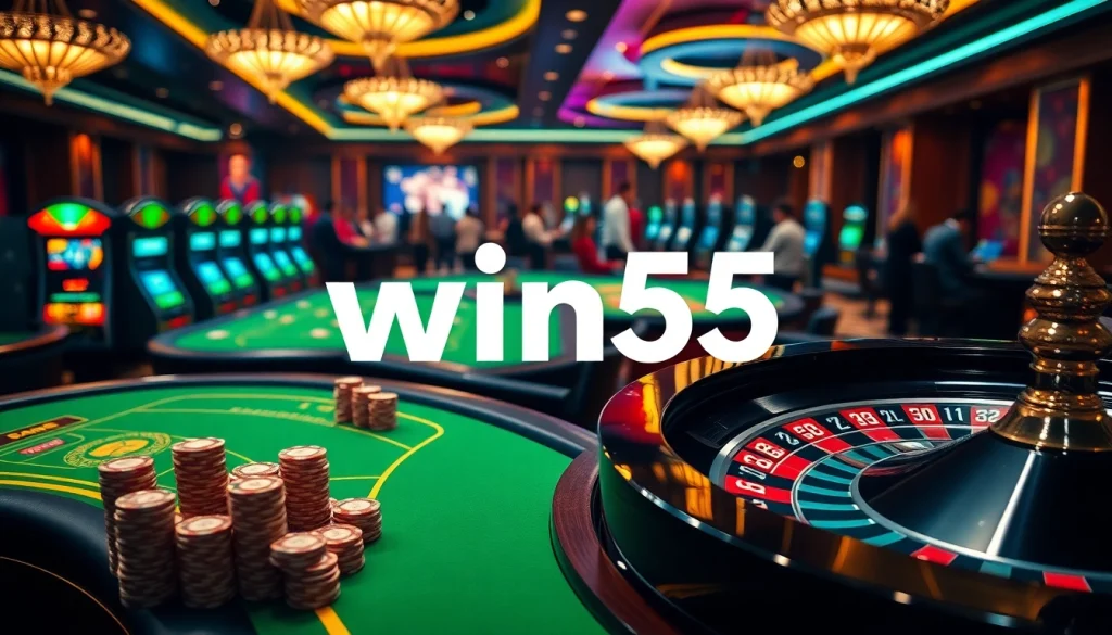 Experience the thrill of win55 at a vibrant casino scene with lively tables and engaging slot machines.