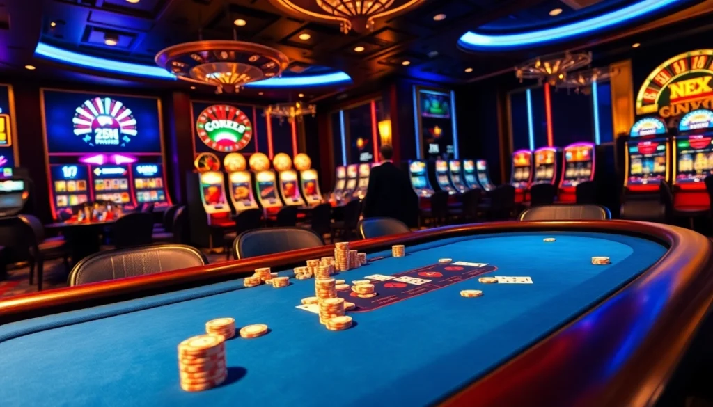 Experience high-stakes gameplay at new88 with a luxurious casino setting featuring poker and roulette.