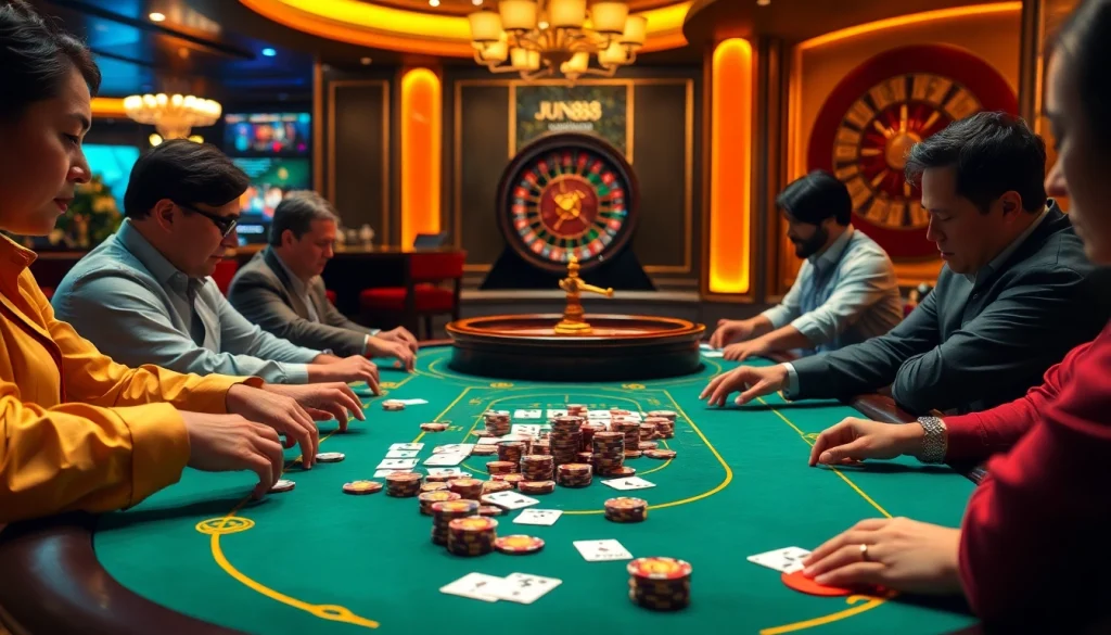 Experience the excitement of Jun88 with players engaged at a luxurious casino table.