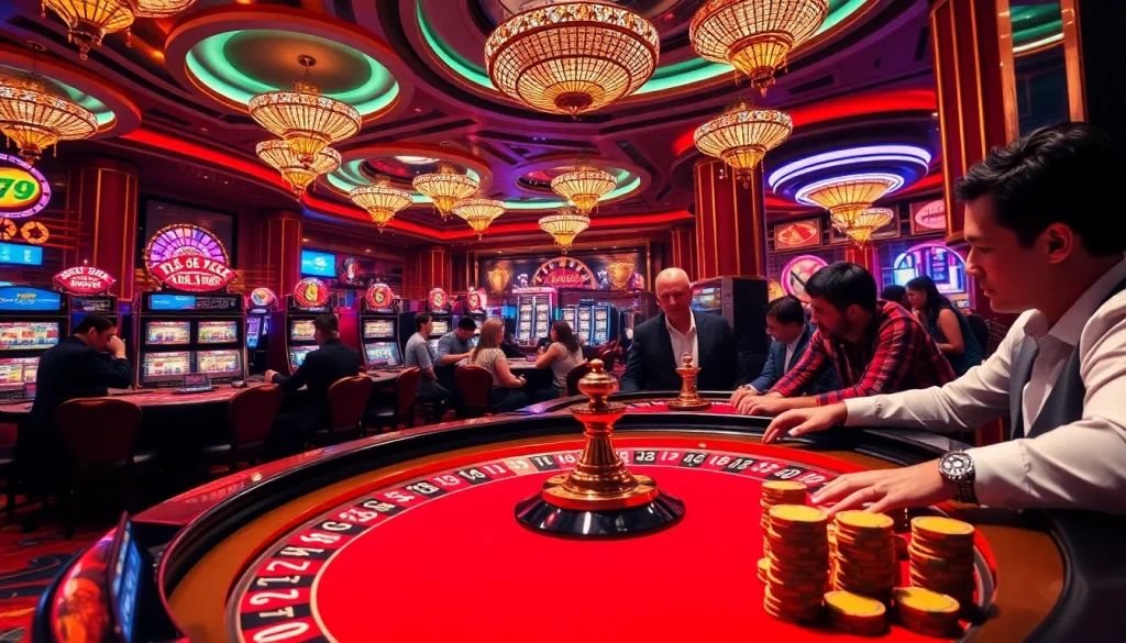 79king players enjoying an intense poker game surrounded by vibrant casino elements.