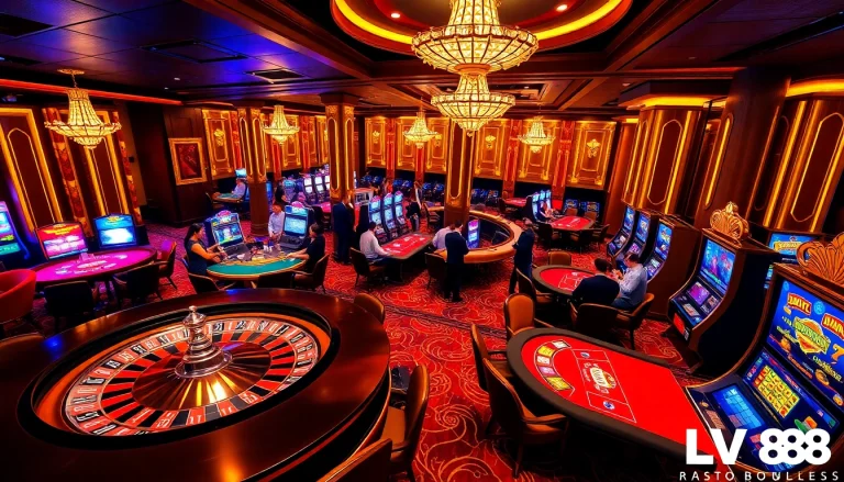 Excited players engaging with thrilling LV88 casino games amidst a luxurious setting.