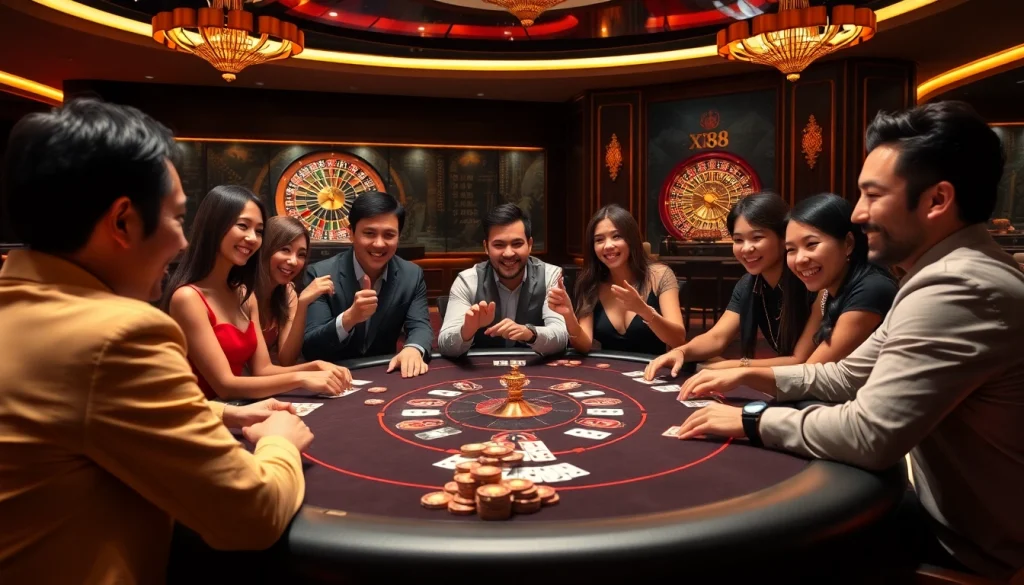 Players strategizing at a Xin88 casino poker table, showcasing high-stakes excitement and luxury.