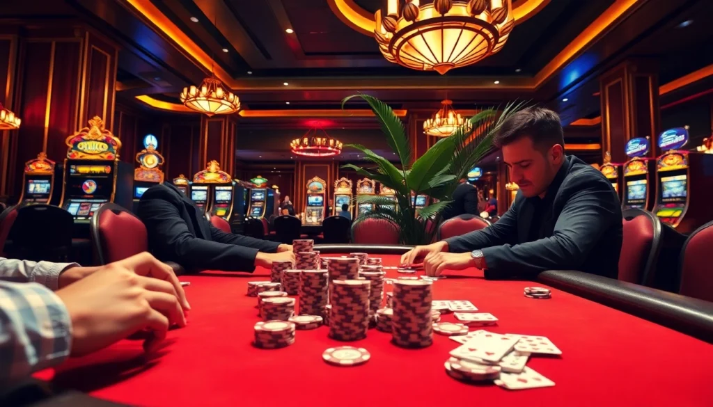 Thrilling poker game scene featuring nohu-themed decor, vibrant atmosphere with casino elements.