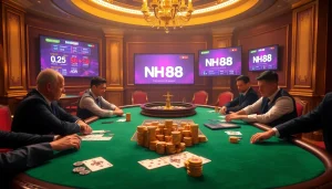 Players bet strategically at an elegant poker table in a luxurious casino, enhancing the nh88 experience.