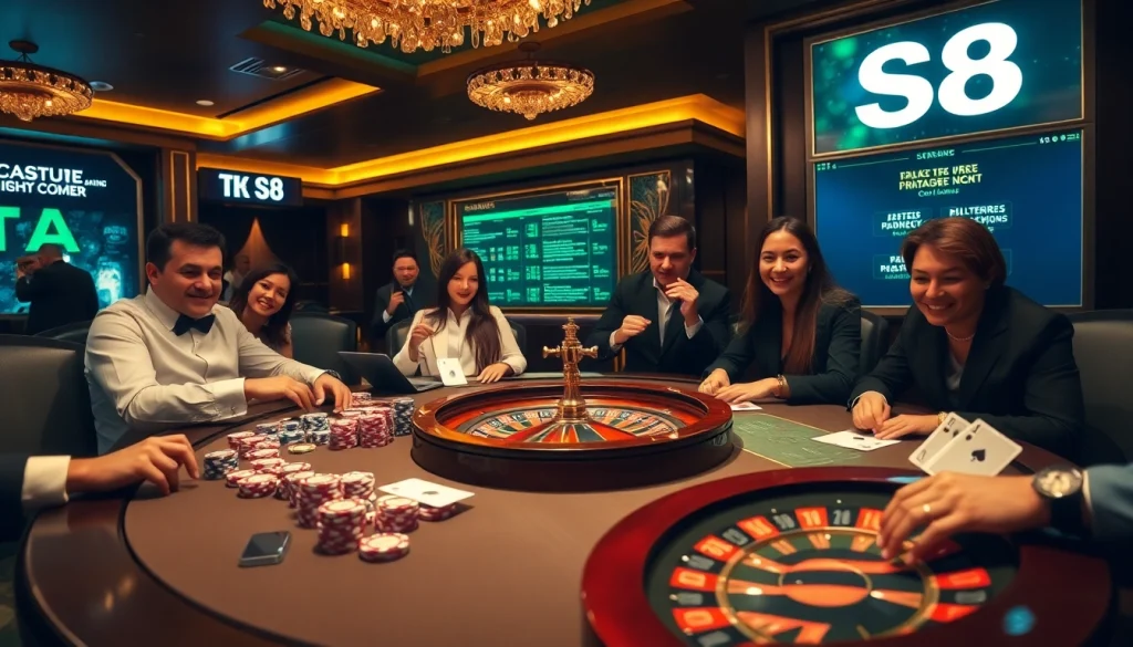 S8 Casino: Players engaging at an upscale poker table with chips and cards, showcasing excitement in a luxurious setting.
