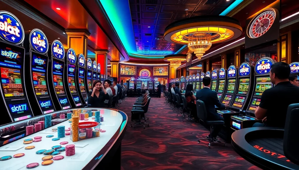 Players enjoying slot777 machines in a luxurious casino environment with colorful betting elements.