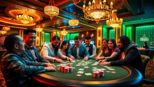Gamblers enjoying a thrilling game at TOP CLUB casino table, highlighted by rich decor and warm lighting.