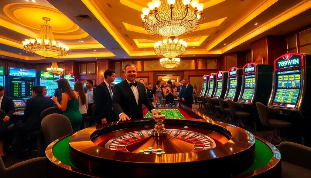 Players experiencing thrilling games at 789win's luxurious casino setting with roulette and slots.