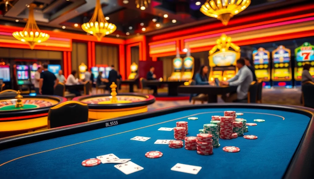 Players enjoying an exciting game at BL555 casino, showcasing poker, roulette, and vibrant slots.