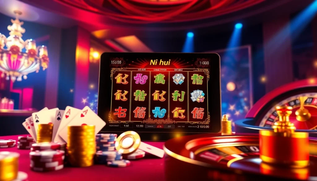 Nổ hũ slot machine in a luxurious casino setting with vibrant graphics and poker chips