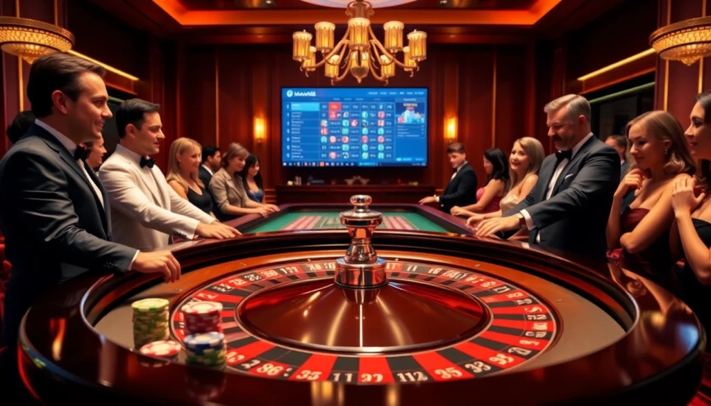 Experience thrilling gameplay at Man88 with luxurious casino settings and professional gamblers at the table.