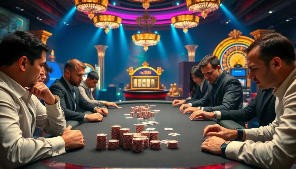 Intense poker game scene at nh88 casino with stacked chips and vibrant atmosphere.