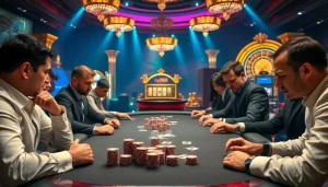 Intense poker game scene at nh88 casino with stacked chips and vibrant atmosphere.