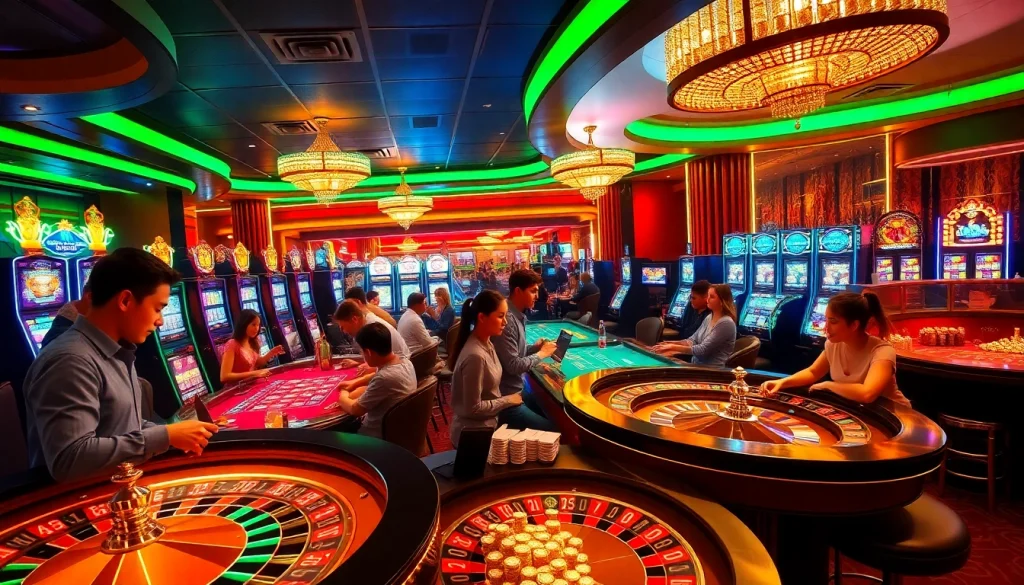 The thrill of gambling at NoHu's vibrant casino with poker chips and roulette wheel lights.