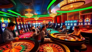 The thrill of gambling at NoHu's vibrant casino with poker chips and roulette wheel lights.