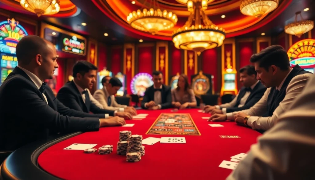 Players strategizing at an elegant poker table in a casino, highlighting F168 promotional materials.