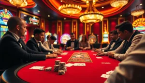 Players strategizing at an elegant poker table in a casino, highlighting F168 promotional materials.