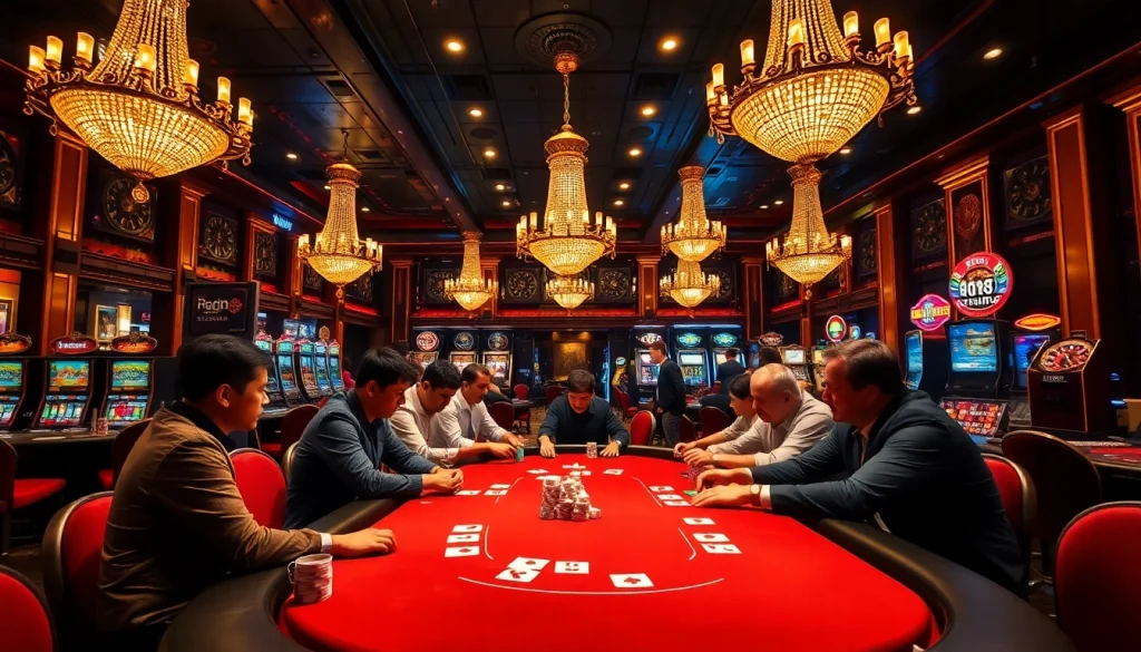 Exciting scene of gamblers at the rr88 casino table enjoying poker with vibrant decor.