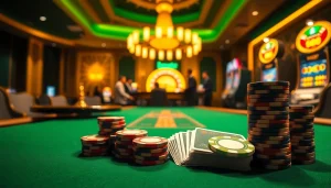 Experience the thrill of Bem88 at a luxurious poker table with vibrant poker chips.