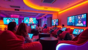 Scene of users engaging with NSFW character AI in a modern digital lounge.