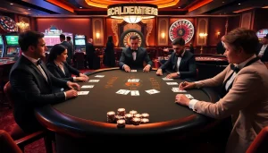 A vibrant poker game at a luxurious casino, featuring the thrilling atmosphere of 8k bet.