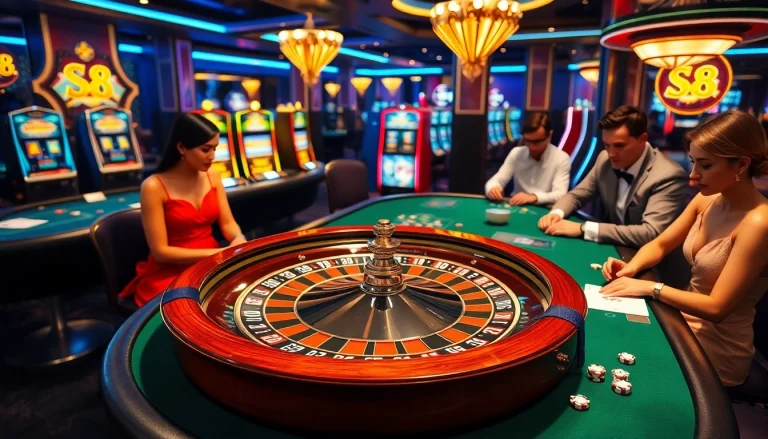 Engaging players in a casino setting under the S8 banner, with vibrant machines and a roulette table.