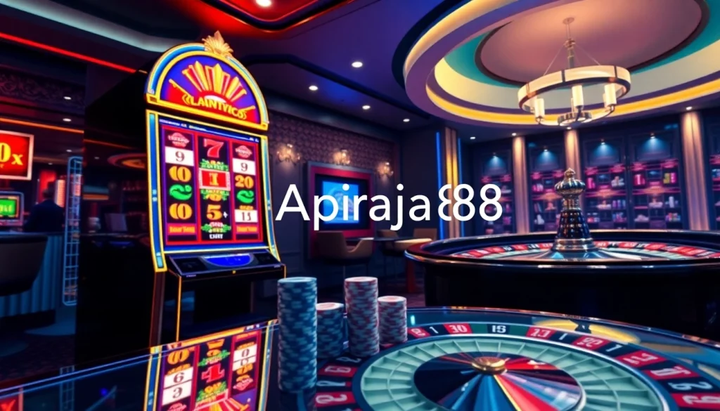 Apiraja88 vibrant online casino scene with slot machine, poker chips, and roulette wheel.